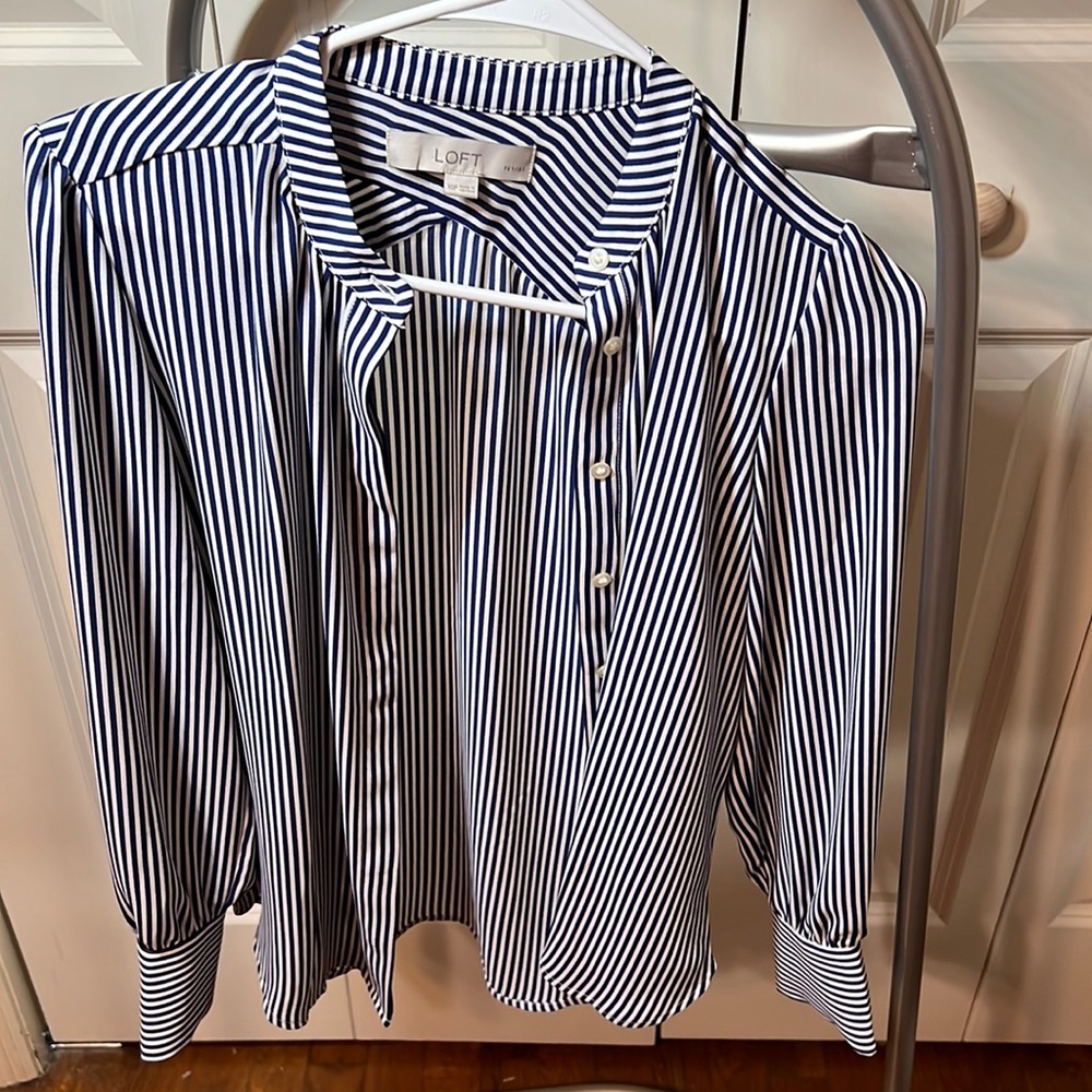 LOFT Striped Crossover Button Down Blouse